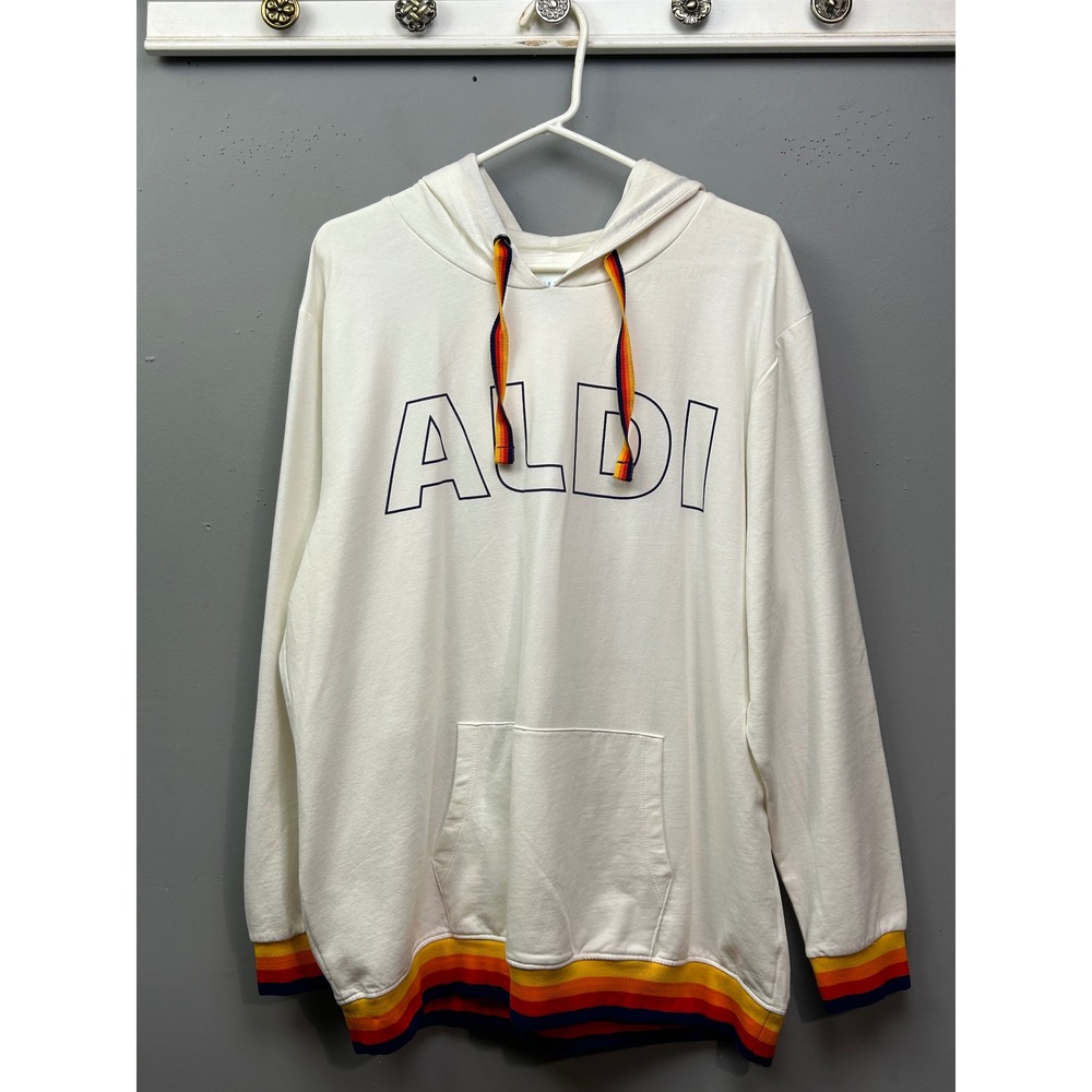 Aldi Gear Hoodie Unisex XL White Rainbow Stripe Logo‎ Pullover Sweatshirt 15899